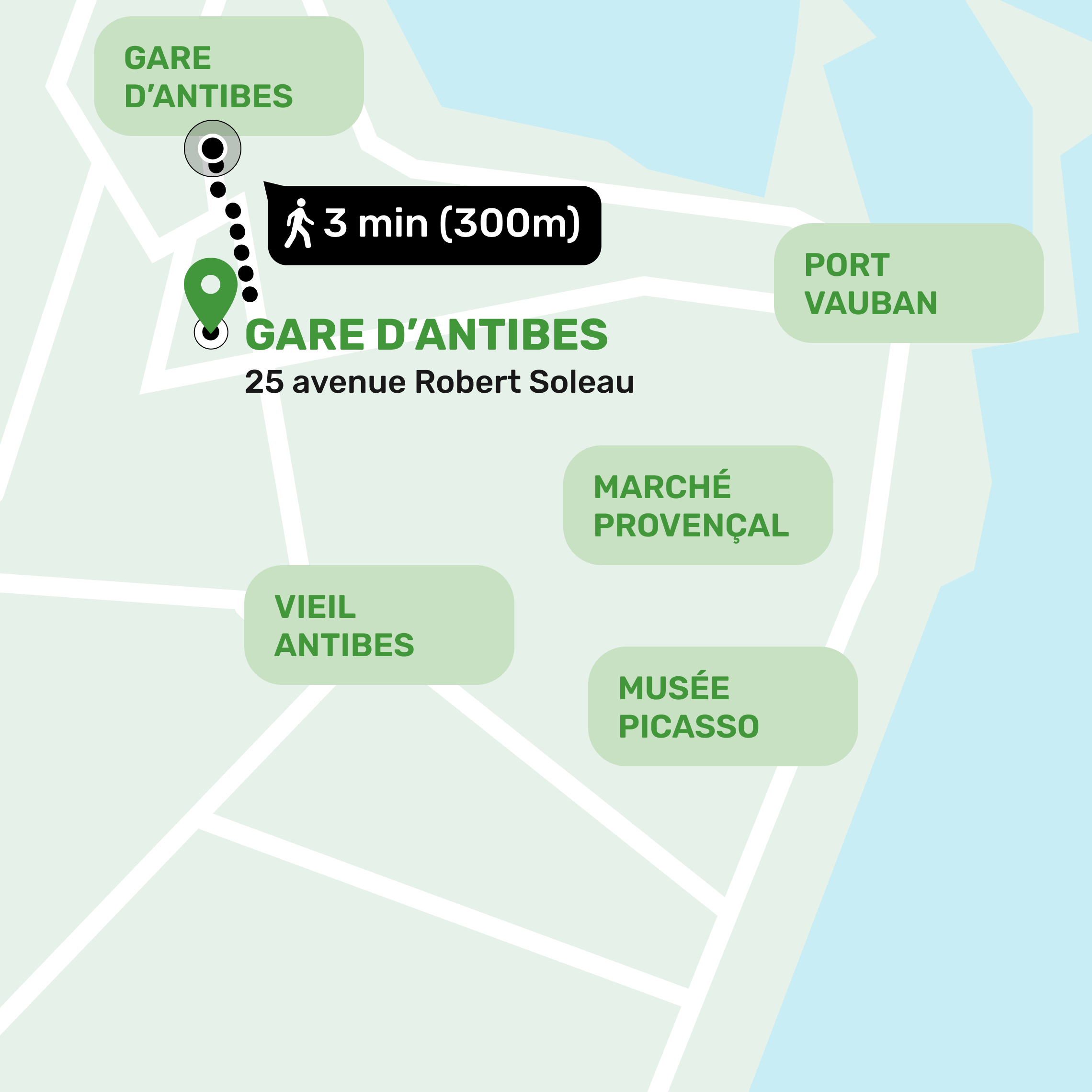 Mapa mostrando a localização do depósito em Gare d'Antibes | Musée Picasso, Antibes